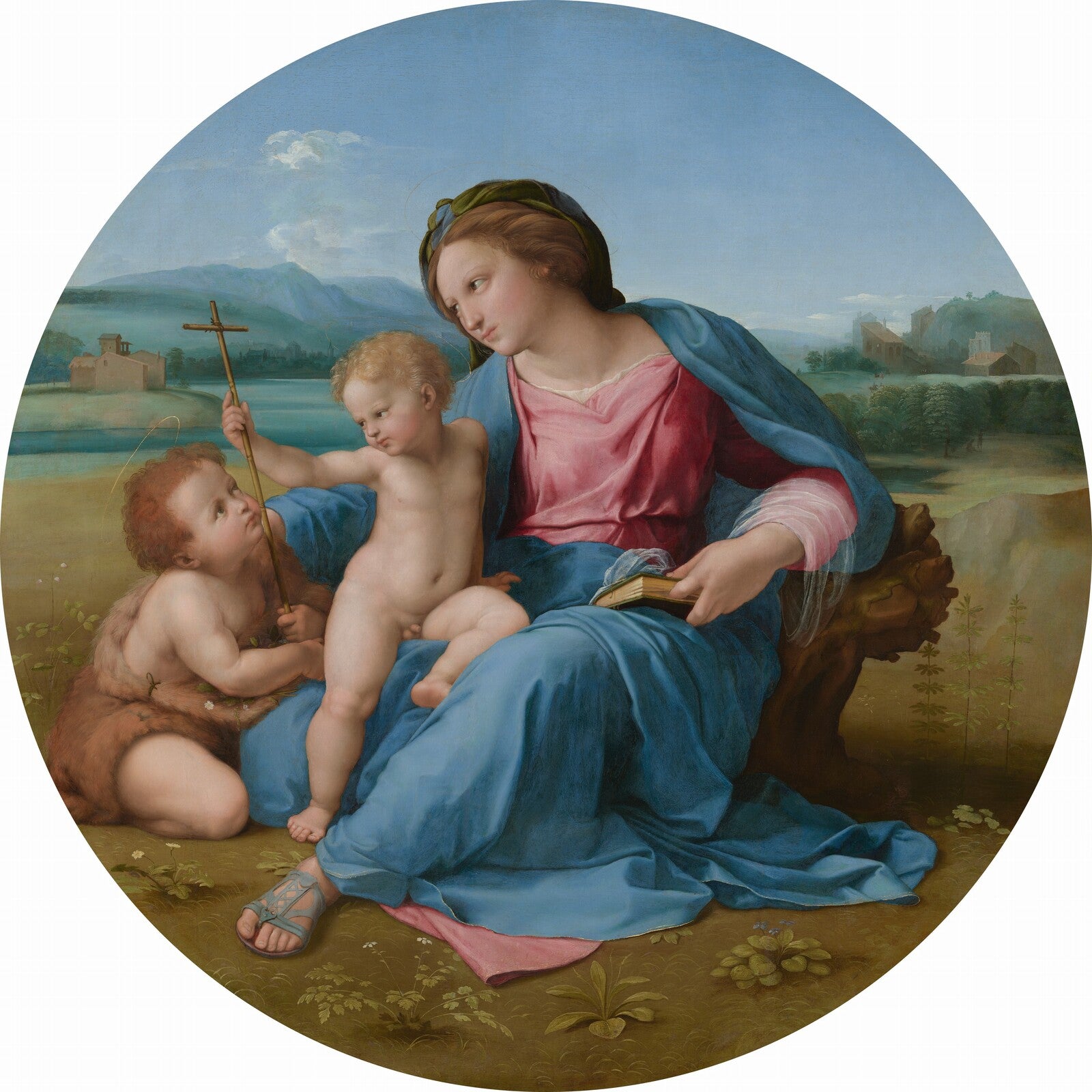 Raphael’s The Alba Madonna, a Renaissance painting of Mary, Jesus and John the Baptist in a landscape